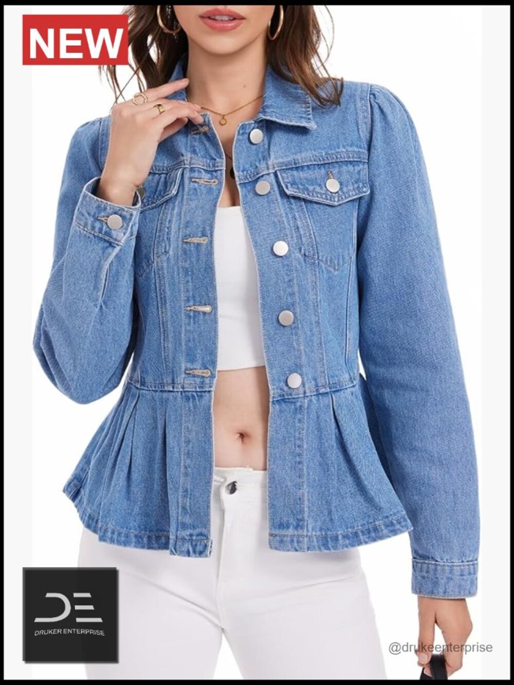 Ruffle Hem Peplum Denim Jacket Puff Sleeve Button Down